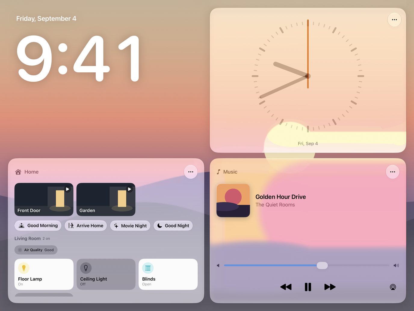 Your home at a glance: A big clock, your home and your music on glass cards, over the photos you choose.