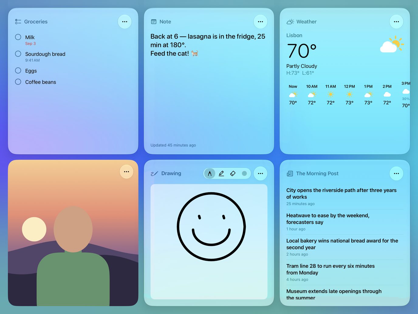 Notes, lists, weather and news: Leave a note, doodle, check the forecast and the headlines.
